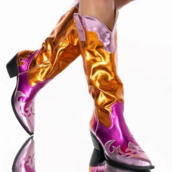 Azalea Wang Shoes - AZALEA WANG, Spice It Up, Multi colored Metallic, Chunky Cowboy Boots, NWT